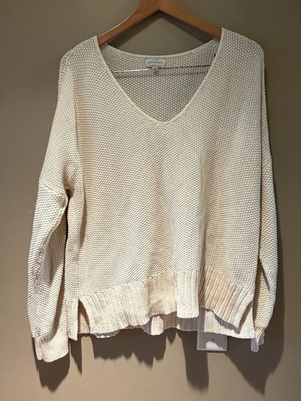 Lucky Brand Cream V-Neck Textured Knit Sweater Large